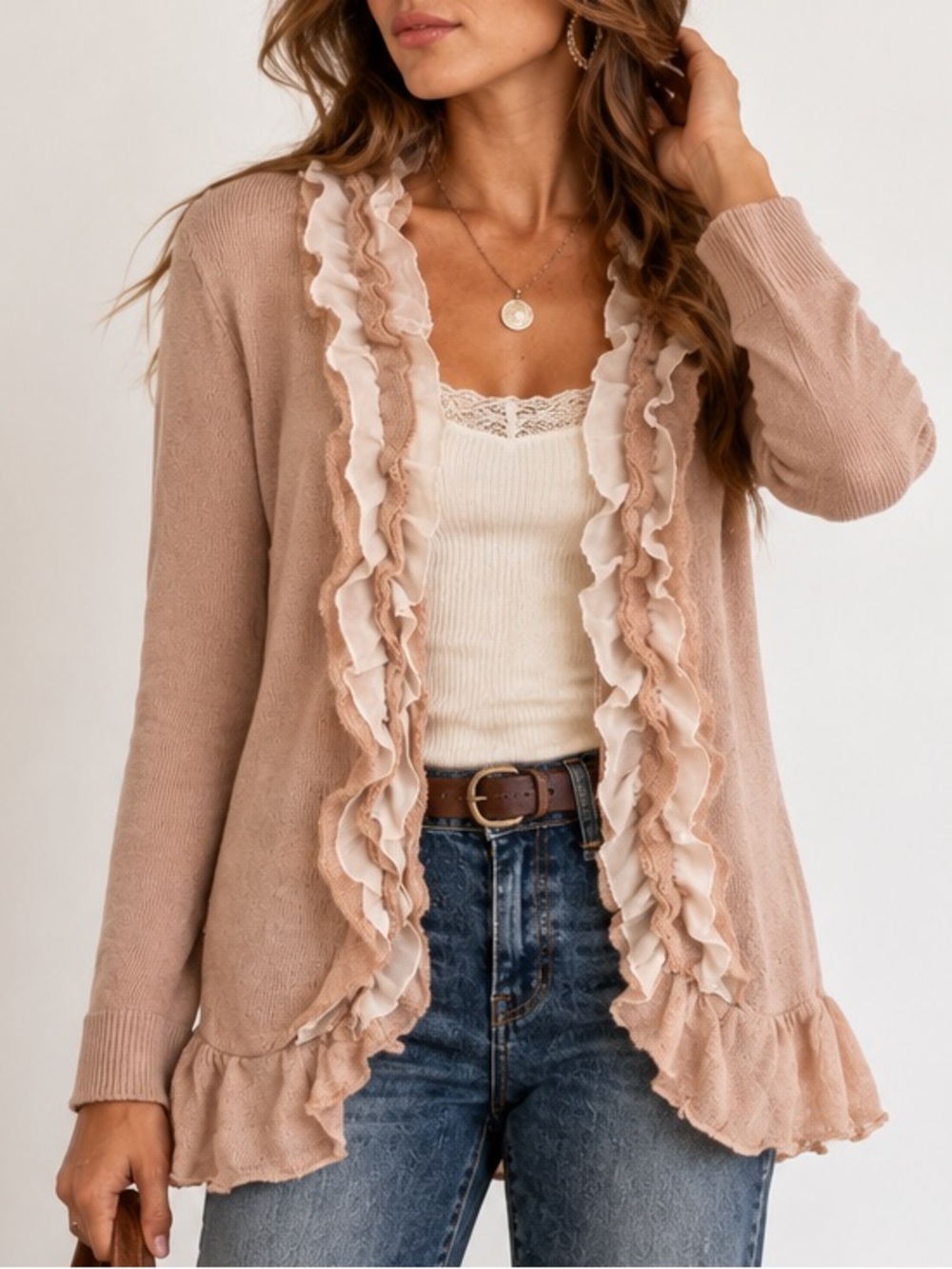 Bandolino Ruffle Trim Open-Front Cardigan Sweater Tan Cream Cottagecore Large